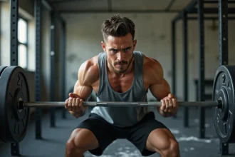 Homme effectuant un squat avec haltère dans une salle de musculation pour un programme full body