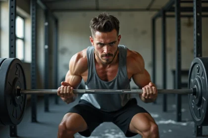 Homme effectuant un squat avec haltère dans une salle de musculation pour un programme full body