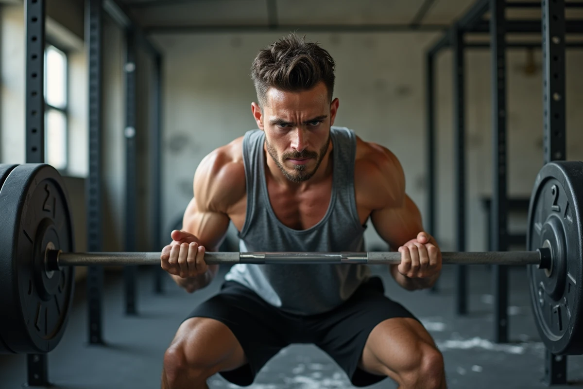 Homme effectuant un squat avec haltère dans une salle de musculation pour un programme full body