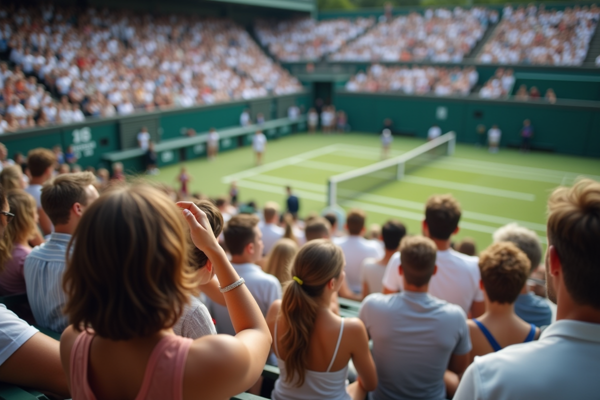 Spectateurs divers regardant un match de tennis en extérieur