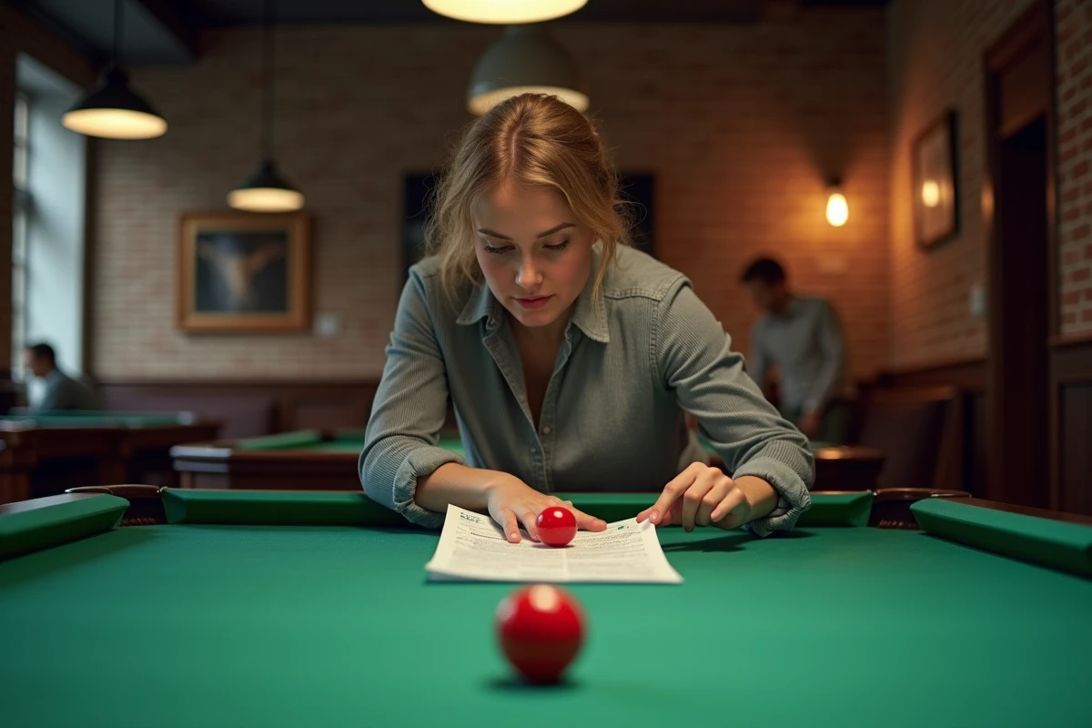 Joueuse consultant les règles officielles de placement des billes sur une table de billard en club