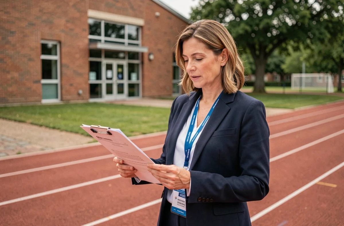 Responsable de partenariats sportifs examinant un document de financement devant une infrastructure sportive communautaire, illustrant les nouvelles orientations des County Sports Partnerships.