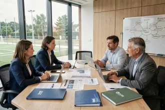 Équipe de responsables sportifs en réunion stratégique autour d'une table de conférence moderne, discutant des partenariats et de la gouvernance des County Sports Partnerships en 2026.