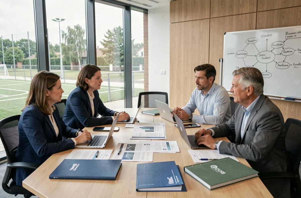 Équipe de responsables sportifs en réunion stratégique autour d'une table de conférence moderne, discutant des partenariats et de la gouvernance des County Sports Partnerships en 2026.