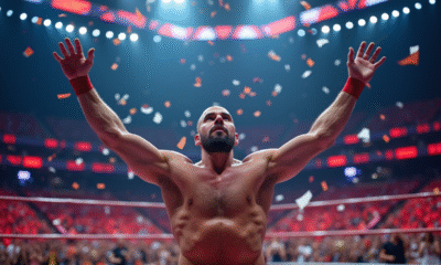 Vainqueur surpris dans le ring avec confettis et foule