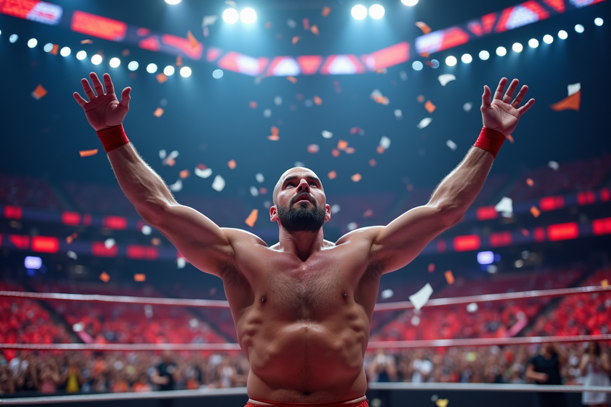 Vainqueur surpris dans le ring avec confettis et foule
