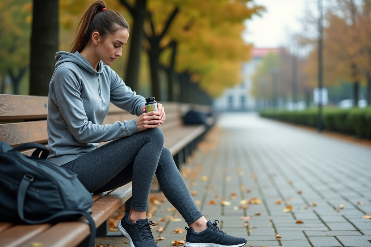Jeune coureuse en pause dans un parc urbain avec supplément omega3