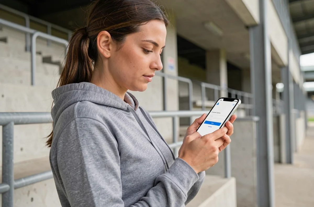 Une femme consultant son compte Footclub FFF sur smartphone à l'entrée d'un stade de football
