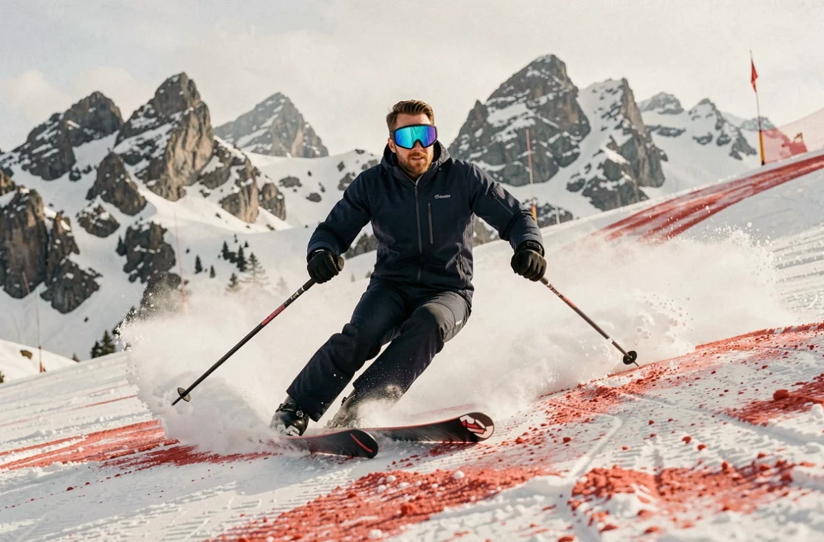 Skieur intermédiaire en pleine courbe sur une piste rouge des Deux Alpes, comparant les forfaits selon son niveau