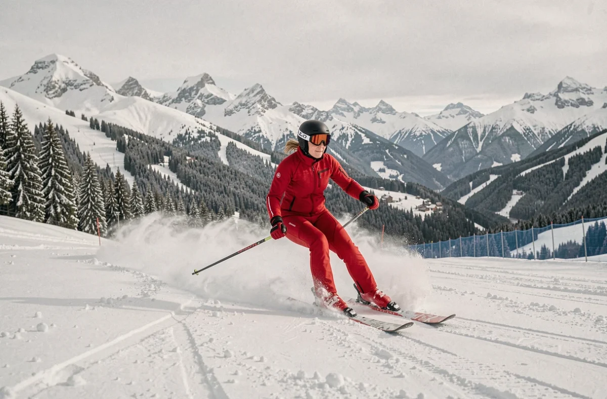 Skieuse en combinaison rouge sur les pistes groomed de Les Arcs 1800 avec forêt de pins enneigée en arrière-plan