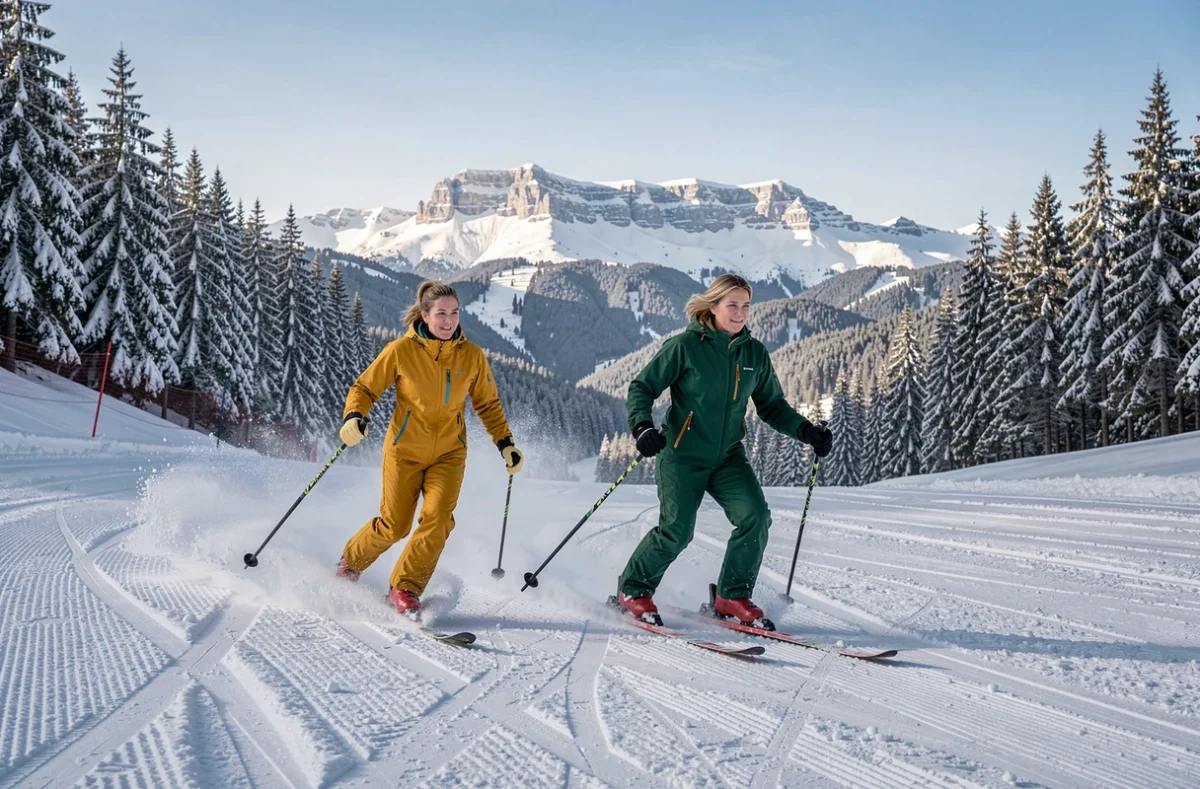 Deux skieuses sur les pistes de ski de Villard-de-Lans dans le massif du Vercors