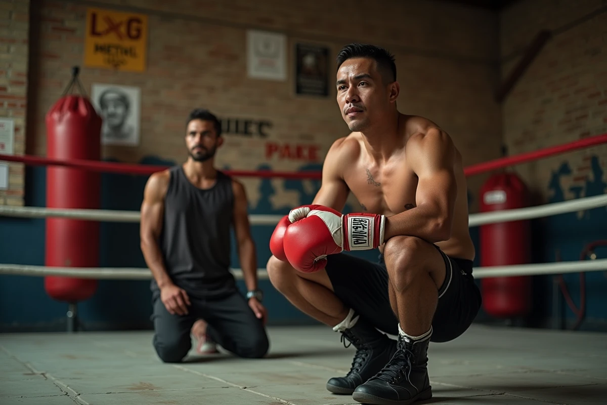 Boxeur épuisé assis au coin du ring entre deux rounds dans une salle de boxe, montrant les risques physiques du sport