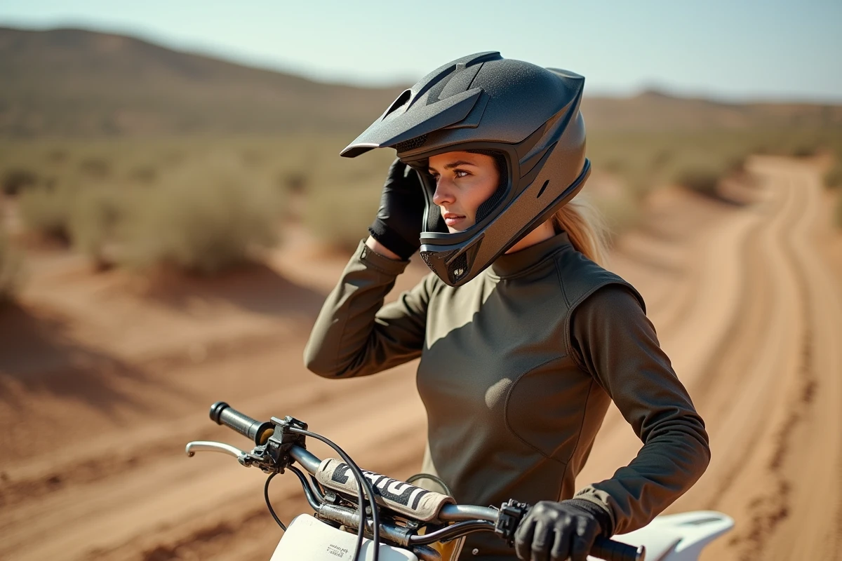 Pilote de motocross féminine inspectant son casque endommagé sur une piste hors route poussiéreuse