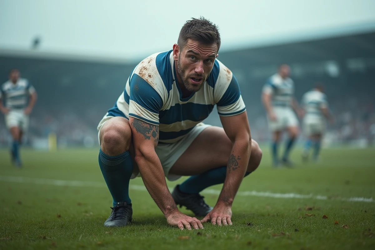 Joueur de rugby blessé au genou sur le terrain après un match, illustrant les dangers des sports de contact