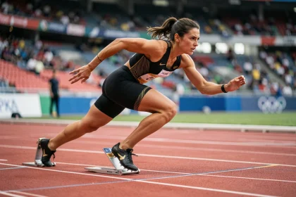 Sprinteuse féminine sortant des starting-blocks sur une piste olympique rouge lors d'un 100m