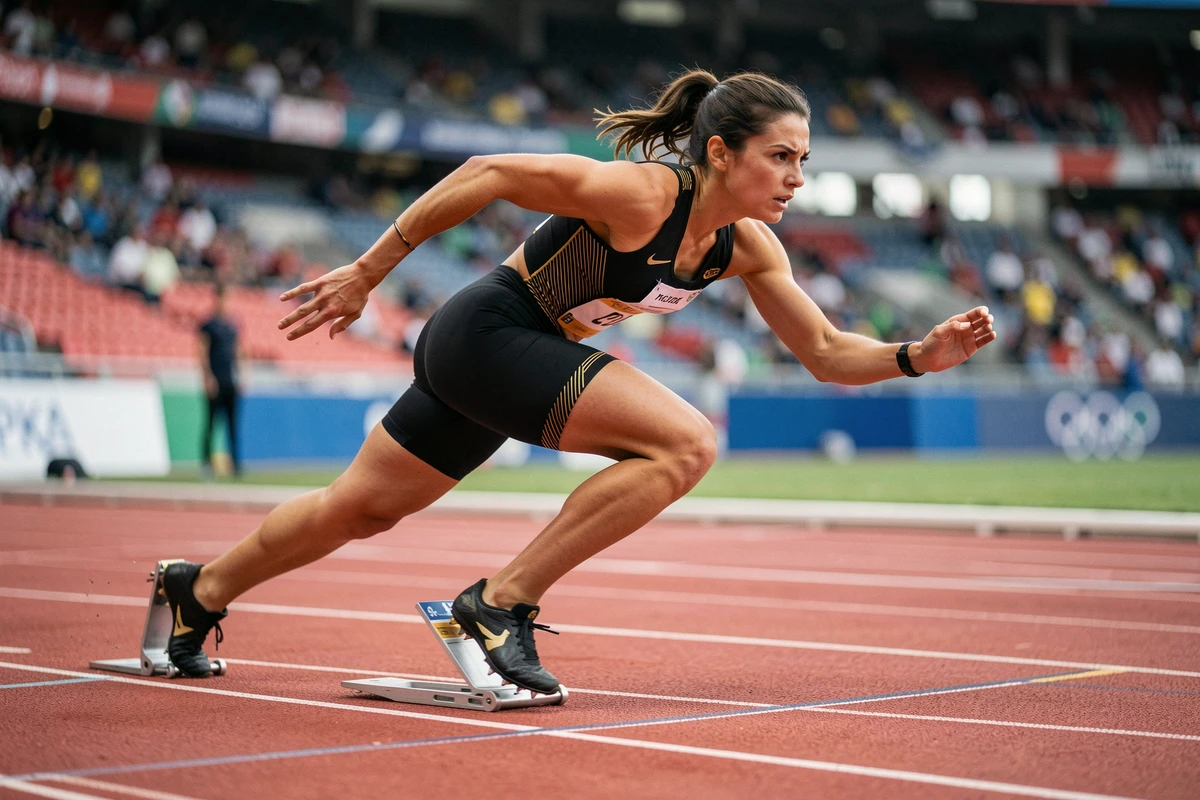 Sprinteuse féminine sortant des starting-blocks sur une piste olympique rouge lors d'un 100m