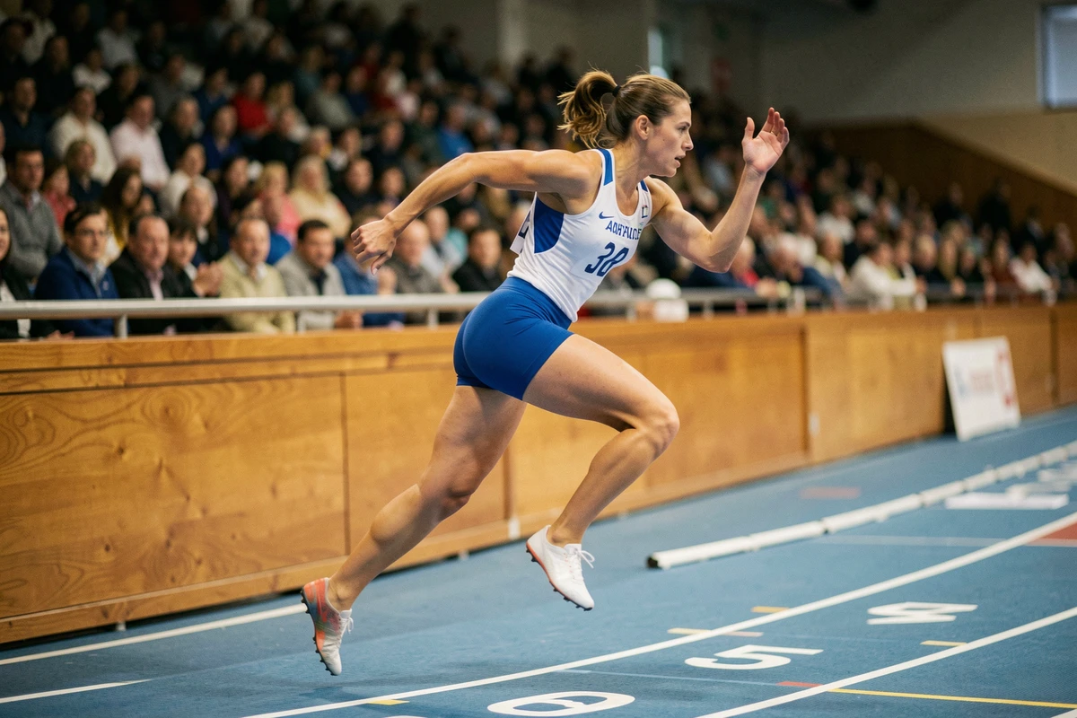 Athlète sprinteuse en pleine foulée à grande vitesse lors d'un 100m féminin en compétition