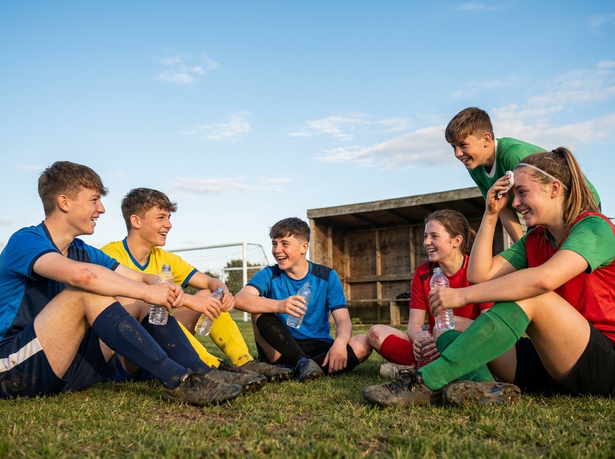 Groupe de jeunes footballeurs souriant lors d'une pause hydratation pendant un stage de foot estival