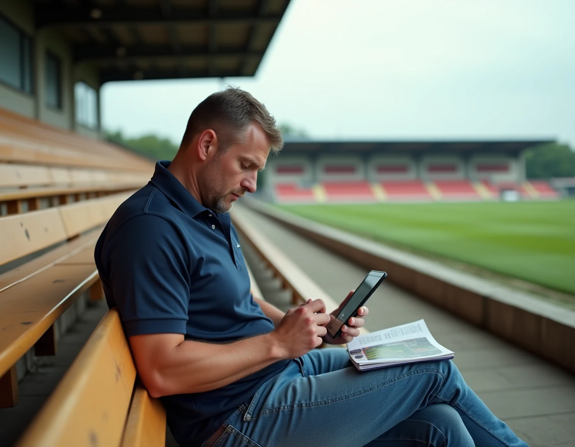 Supporter de rugby Fédérale 2 consultant les résultats de la poule 3 sur tablette dans les tribunes