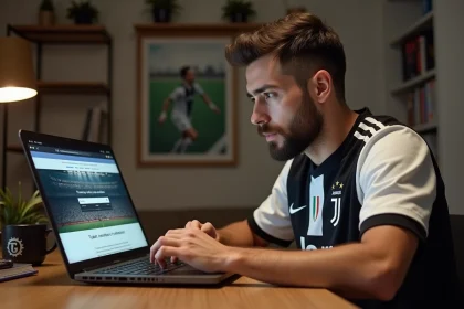 Supporter de la Juventus recherchant des billets pas chers sur un ordinateur portable depuis son bureau à domicile