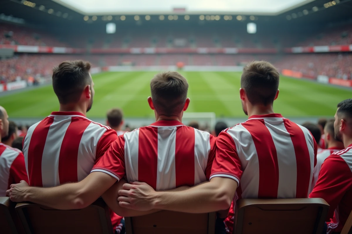 Supporters de l'AJA en tribune lors d'un match de football en 2026, vêtus du maillot rouge et blanc