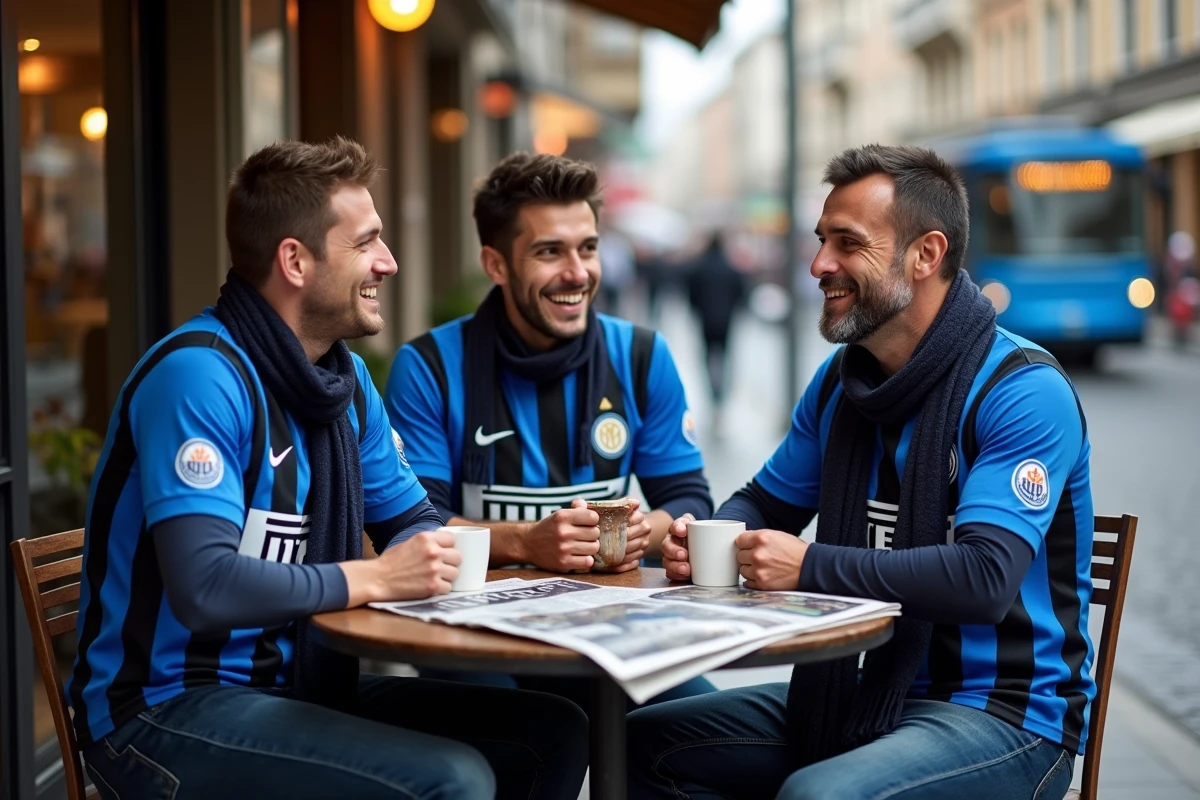 Groupe de supporters de l'Inter Milan en terrasse de café à Milan le jour d'un match, discutant autour de la Gazzetta dello Sport