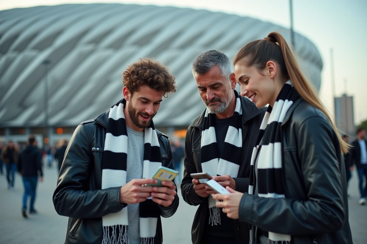 Groupe de supporters de la Juventus devant l'Allianz Stadium de Turin avec leurs billets le jour du match