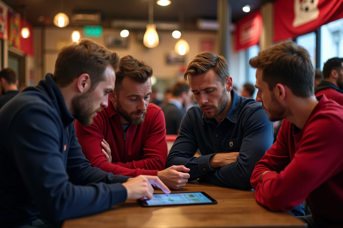 Supporters du PSG en débat animé autour des statistiques d'un défenseur dans un bar parisien
