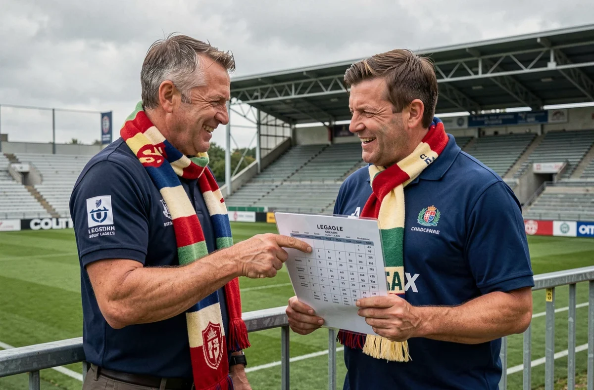 Deux supporters de rugby débattant du classement Fédérale 2 Poule 3 dans un stade régional