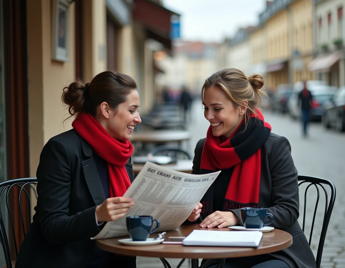 Deux supportrices analysant le classement de la Fédérale 2 poule 3 en terrasse de café avec journal et ordinateur
