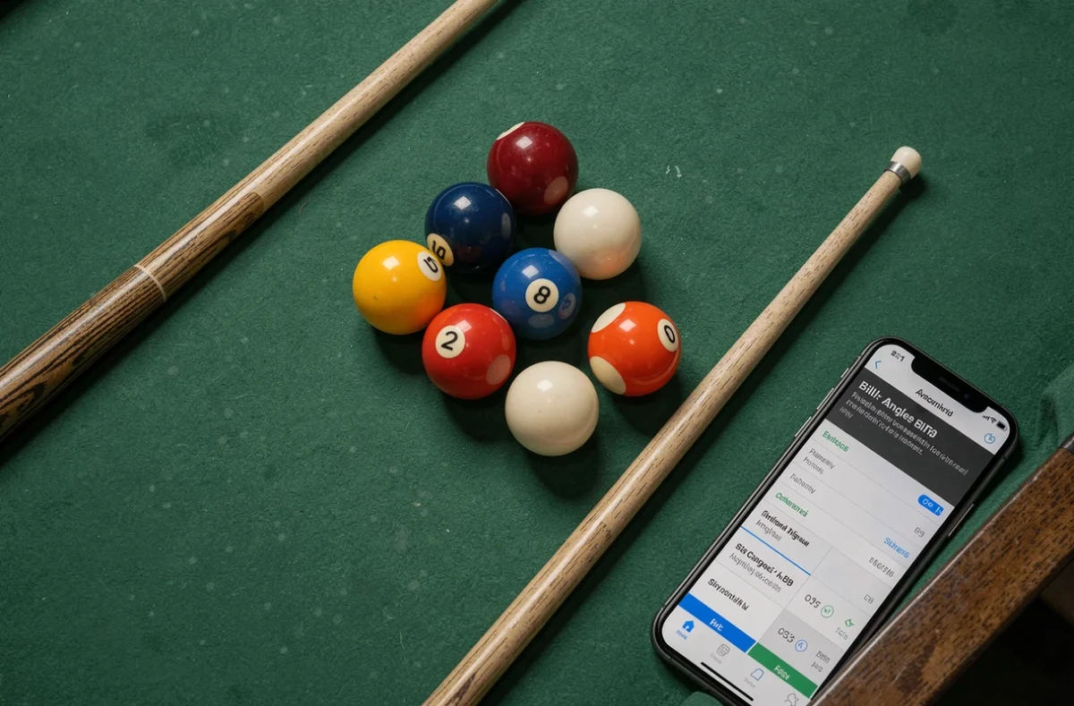 Vue en plongée d'une table de billard avec billes, queue et application calculatrice d'angles