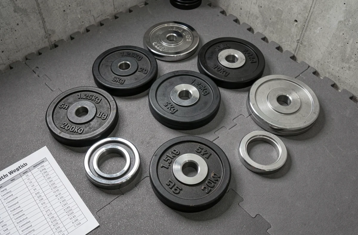 Vue aérienne de différents disques de poids classés par taille sur le sol d'une salle de sport