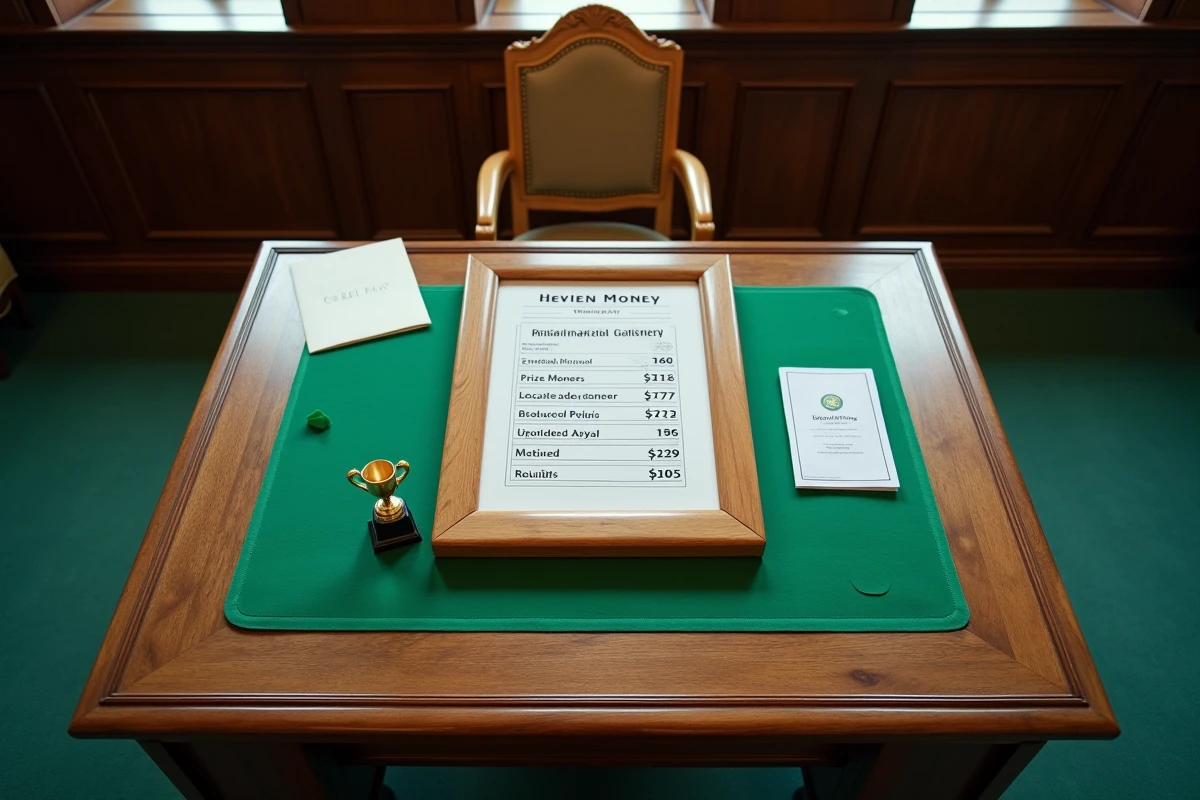 Tableau officiel des dotations financières de Wimbledon 2026 avec enveloppe et trophée miniature sur table en feutrine verte