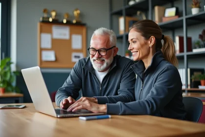 Homme et femme en sport d'équipe regardant un tableau