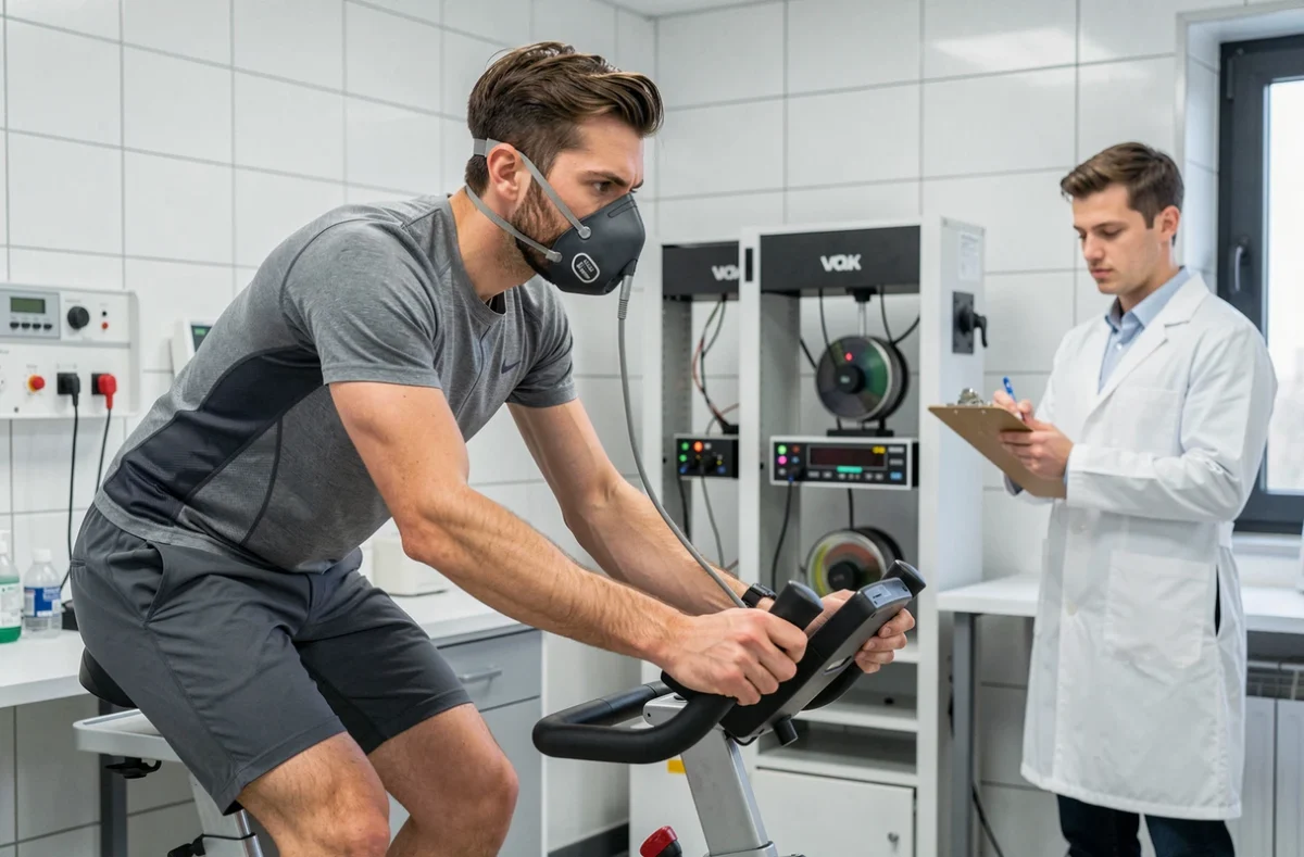 Test physiologique VO2 max d'un cycliste professionnel en laboratoire de médecine sportive pour optimiser la saison 2026