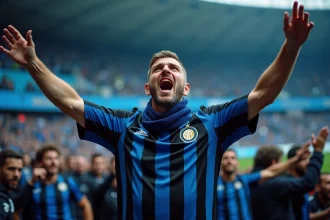 Tifoso de l'Inter Milan en jersey Nerazzurri dans la Curva Nord du San Siro, bras levés pendant un match
