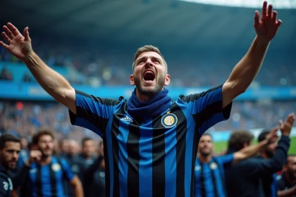 Tifoso de l'Inter Milan en jersey Nerazzurri dans la Curva Nord du San Siro, bras levés pendant un match