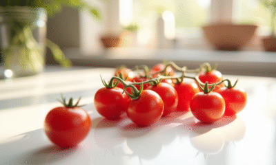 Tomates cerises éparpillés sur plan de cuisine lumineux