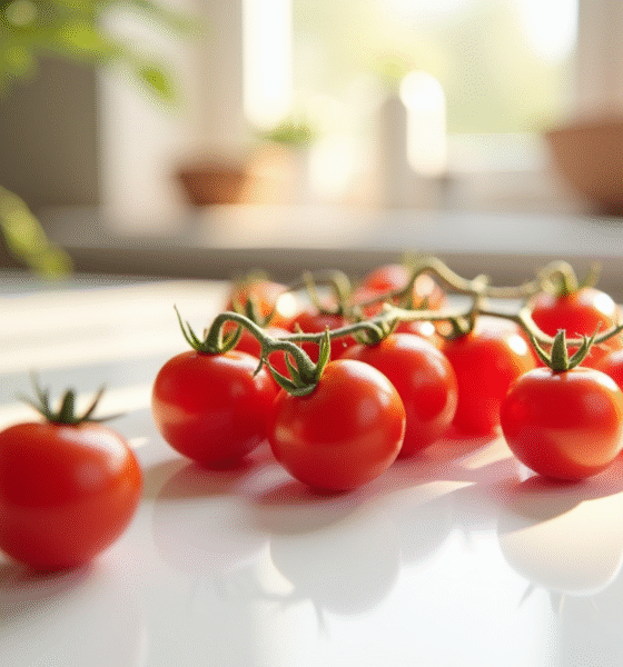 Tomates cerises éparpillés sur plan de cuisine lumineux