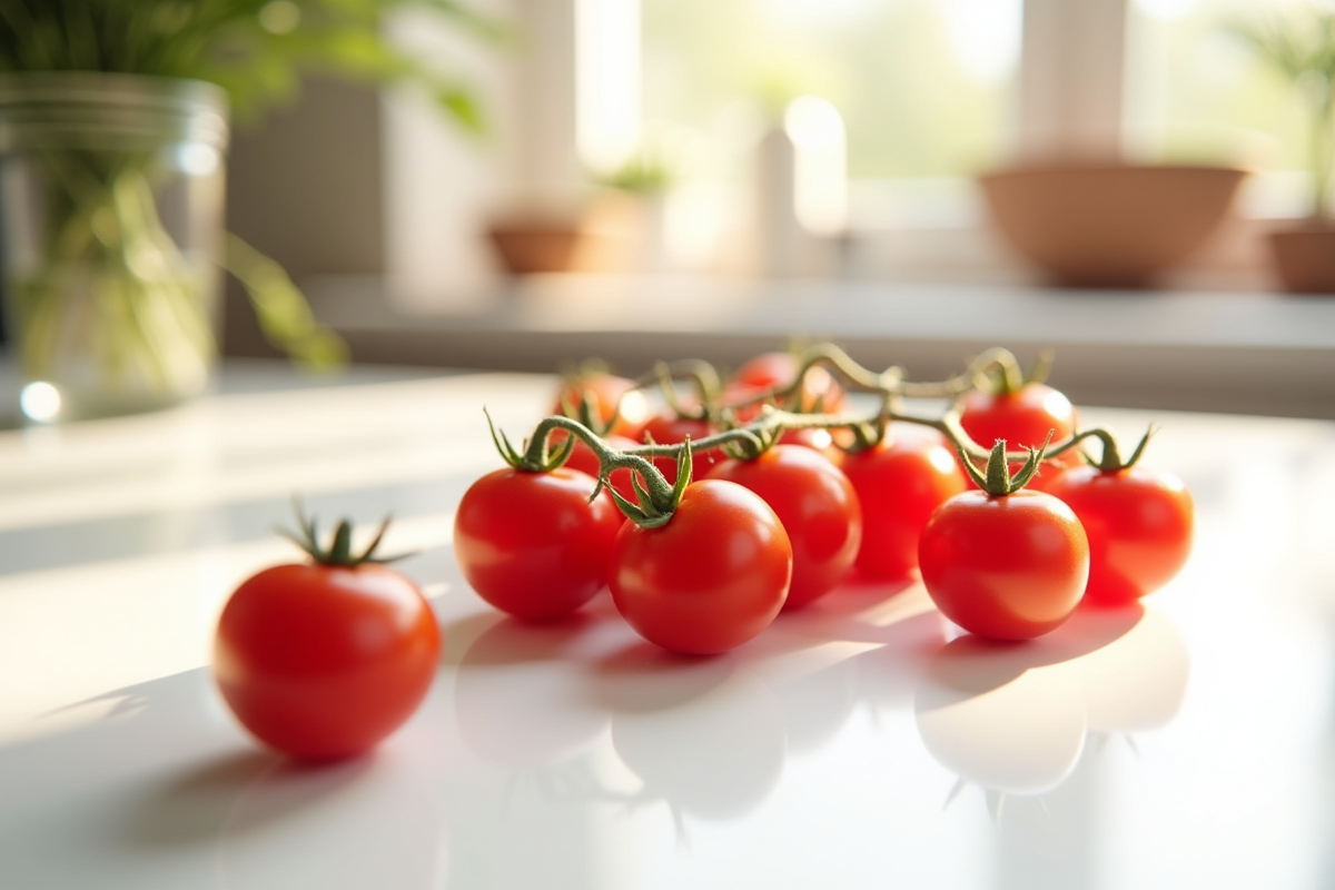 Tomates cerises éparpillés sur plan de cuisine lumineux