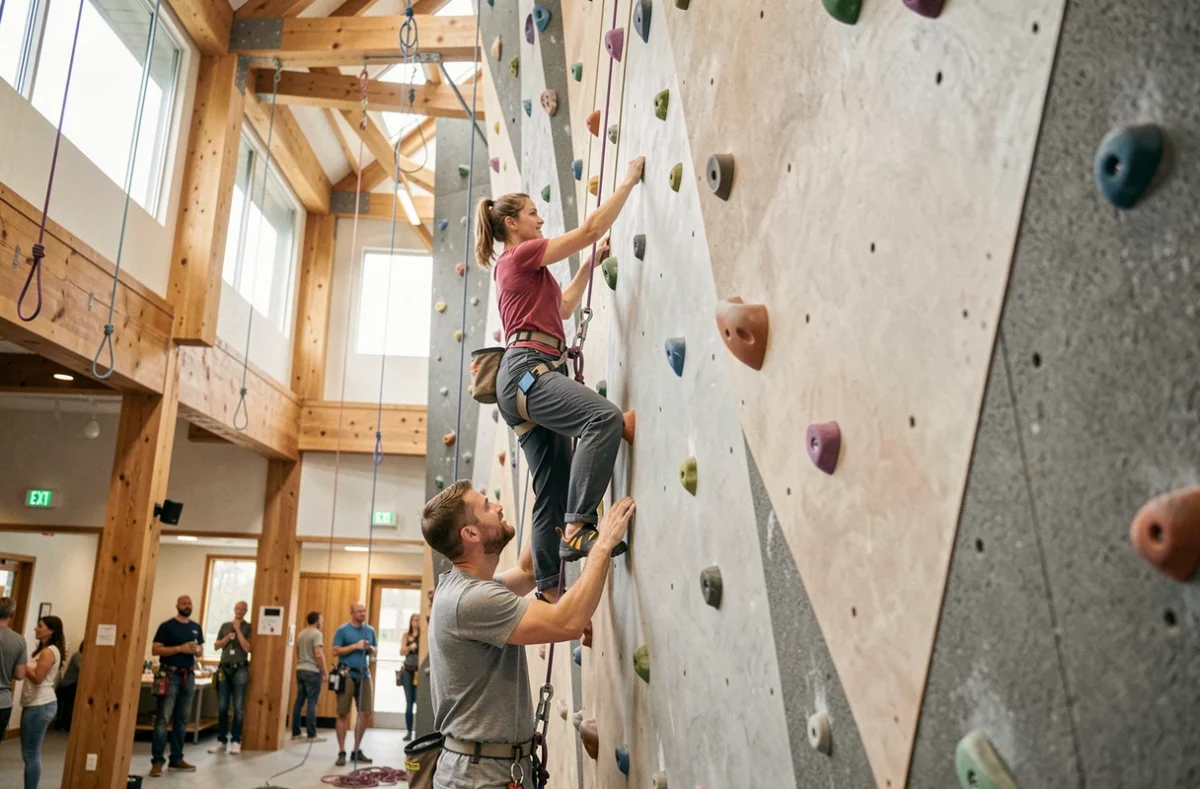 Deux grimpeurs en moulinette sur les voies de la salle UP'SIDE en Centre-Val de Loire