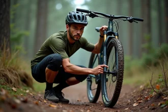 Cycliste VTT vérifiant la pression de son pneu arrière à la main sur un sentier forestier