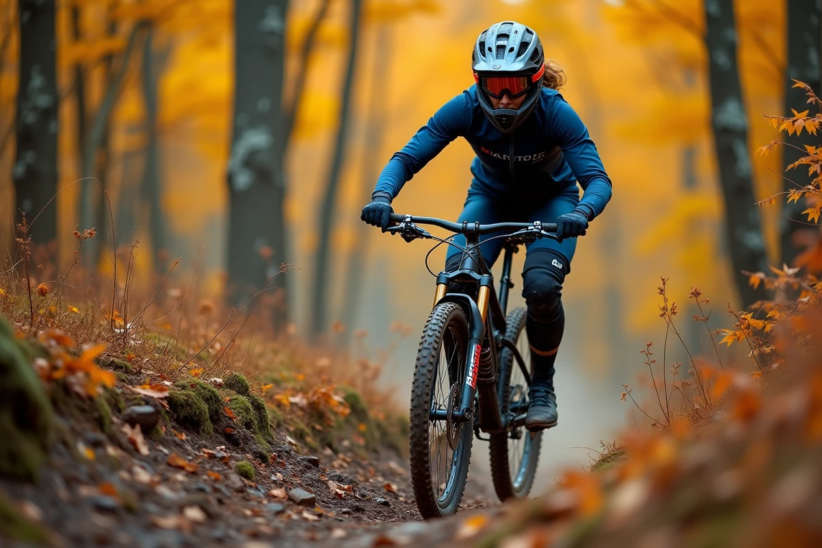 Vttiste féminine en descente sur sentier rocheux avec fourche Manitou Comp en forêt de mélèzes en automne