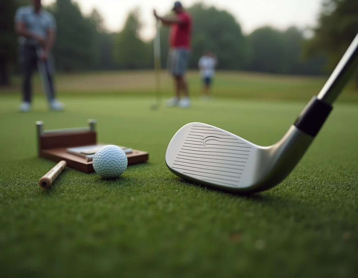 Gros plan d'un wedge de golf posé sur le green avec une fiche de score, symbolisant la préparation mentale et technique