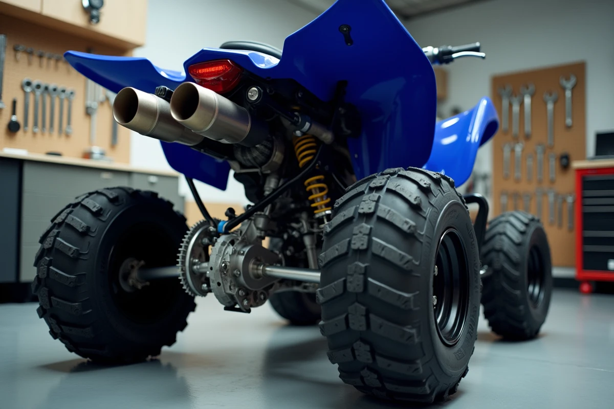 Vue arrière trois quarts du quad Yamaha Raptor 700 dans un garage avec détails mécaniques échappement et roue