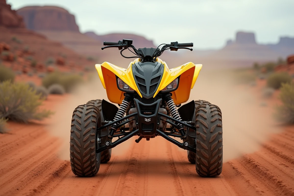 Yamaha Raptor 700 garé sur une piste en terre battue dans un paysage désertique, vue avant trois quarts basse